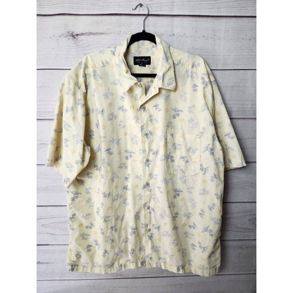 Eddie Bauer Mens Button Down Shirt Yellow Blue Floral Short Sleeve Pocket XL - Picture 1 of 5